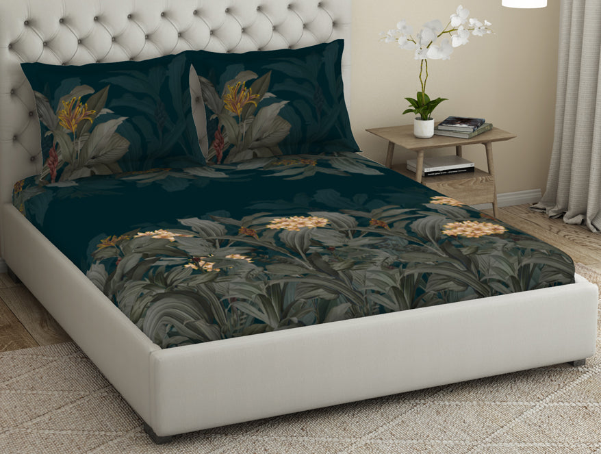 Floral Dark Teal 100% Cotton King Size Bedsheet Elegance - By Elegance