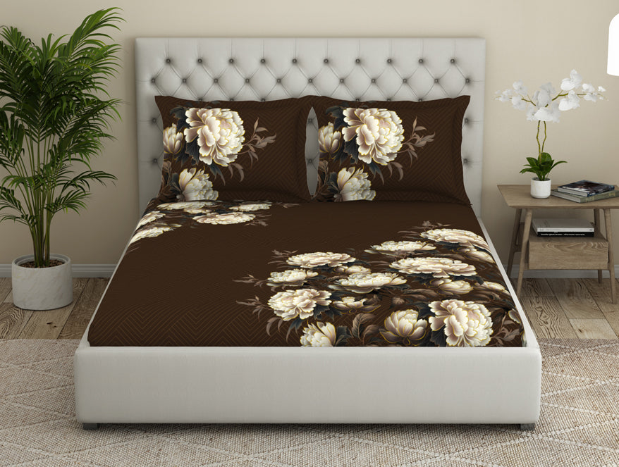 Floral Dark Brown 100% Cotton King Size Bedsheet Elegance - By Elegance