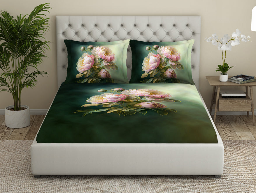 Floral Dark Green 100% Cotton King Size Bedsheet Elegance - By Elegance