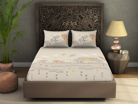 Ornate Beige 100% Cotton King Size Bedsheet Rangana Digital - By Spaces