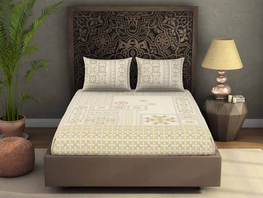 Geometric Beige 100% Cotton King Size Bedsheet Rangana Digital - By Spaces