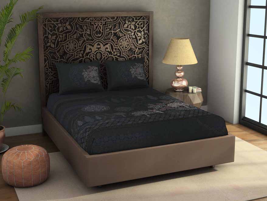 Ornate Dark Grey 100% Cotton King Size Bedsheet Rangana Digital - By Occasions