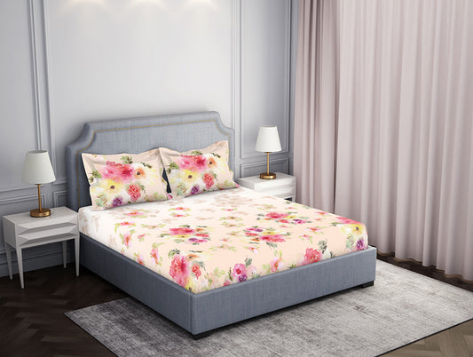 Essentials Floral Cream Cotton Viscose Double Bedsheet - Fluidity by Spaces