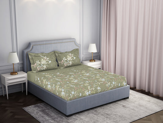 Essentials Floral Dark Green Cotton Viscose Double Bedsheet - Gardenia by Spaces