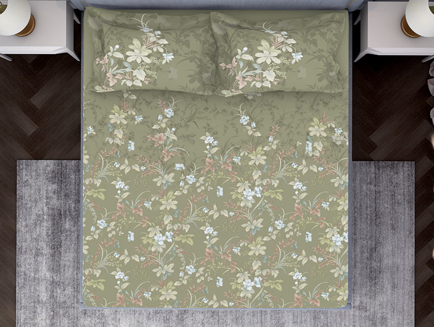 Essentials Floral Dark Green Cotton Viscose Double Bedsheet - Gardenia by Spaces