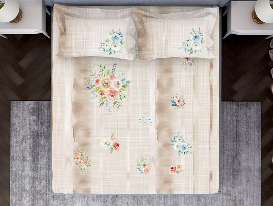 Essentials Floral Beige Cotton Viscose Double Bedsheet - Gardenia by Spaces