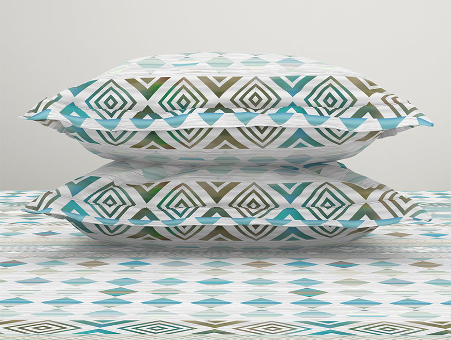 Essentials Geometric Aqua Cotton Viscose Double Bedsheet - Geo Scape by Spaces