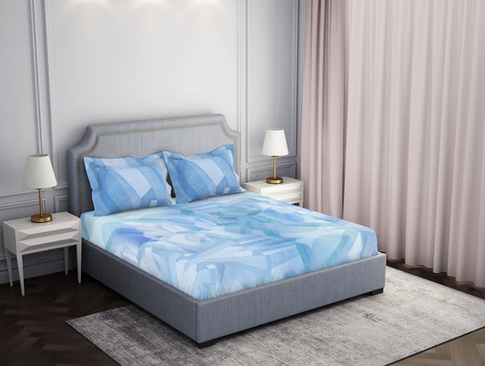 Essentials Geometric Light Blue Cotton Viscose Double Bedsheet - Geo Scape by Spaces