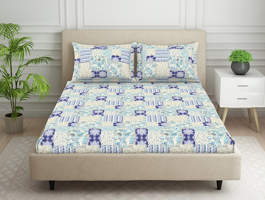 Geometric Blue Polycotton King Size Bedsheet Harmony - By Welspun