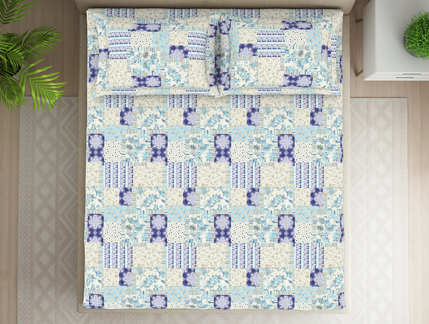Geometric Blue Polycotton Bedsheets Double Harmony - By Welspun