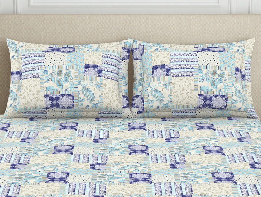Geometric Blue Polycotton Bedsheets Double Harmony - By Welspun