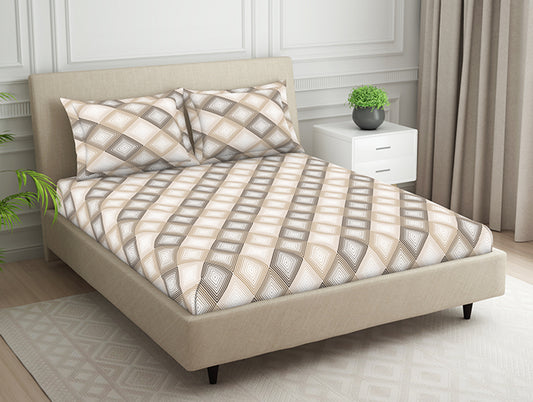 Geometric Beige Polycotton Fitted Queen Harmony - By Welspun