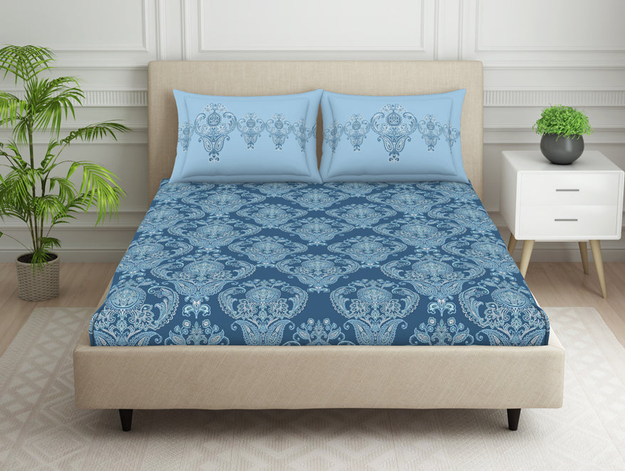 Ornate Blue 100% Cotton Double Bedsheet - Aurum By Spaces