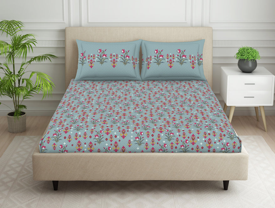 Ornate Light Teal 100% Cotton Double Bedsheet - Aurum By Spaces