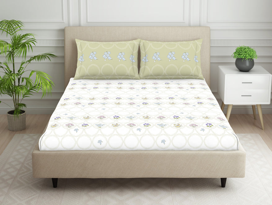 Floral Cream 100% Cotton Double Bedsheet - Aurum By Spaces