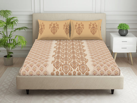 Ornate Light Brown 100% Cotton Double Bedsheet - Aurum By Spaces