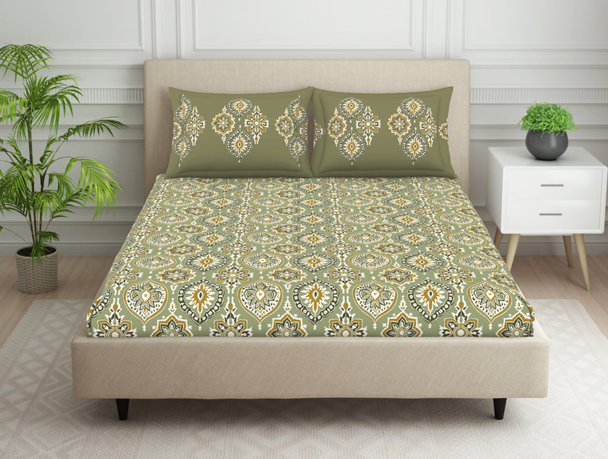 Ornate Light Green 100% Cotton Double Bedsheet - Aurum By Spaces