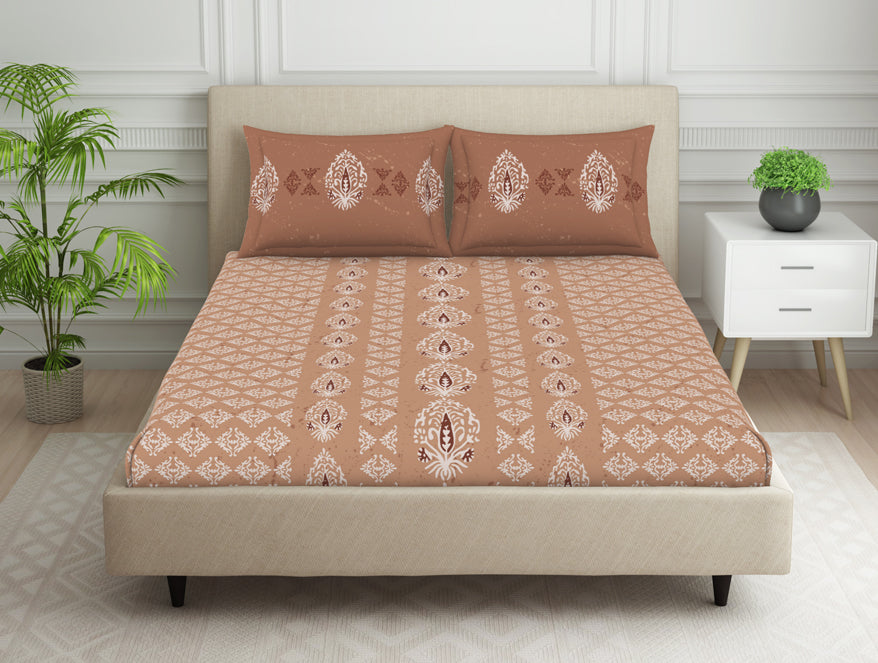 Ornate Light Brown 100% Cotton Double Bedsheet - Aurum By Spaces