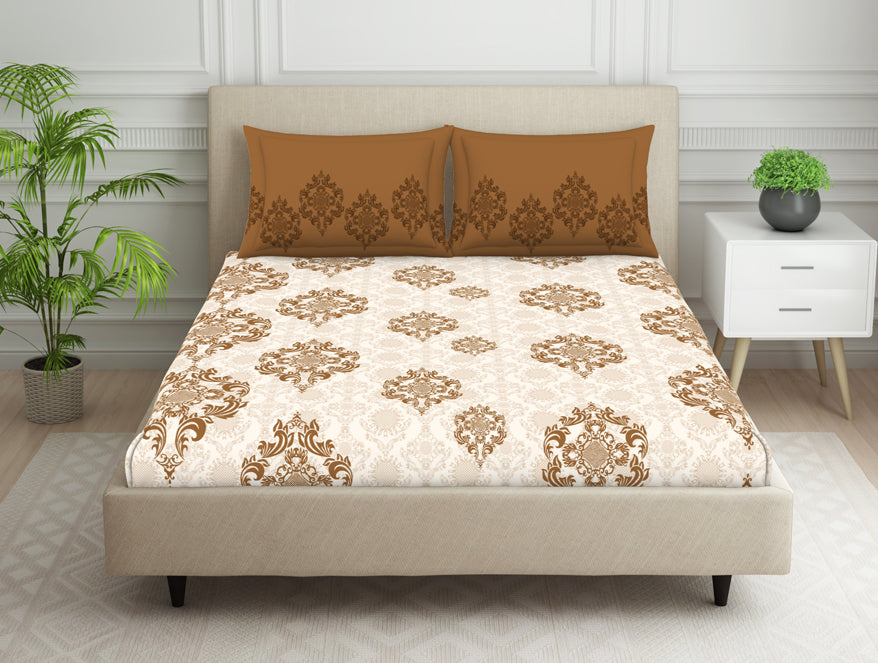 Ornate Brown 100% Cotton Double Bedsheet Aurum By Spaces