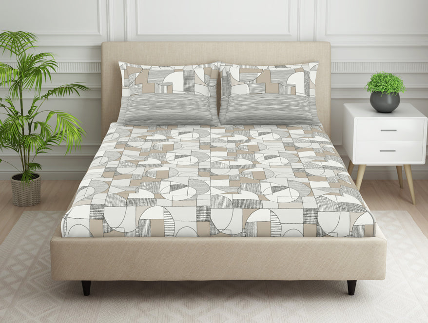 Geometric Beige 100% Cotton Bedsheets Double Aurum - By Essentials