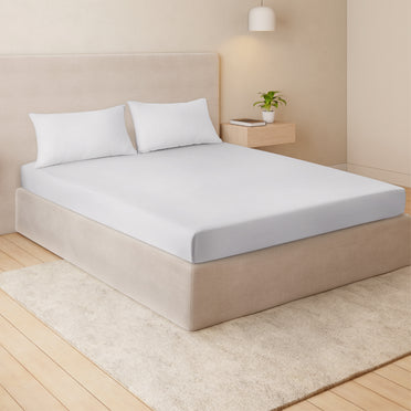 Zephyr 100% Cotton Fitted Queen Bedsheet, 233 TC, Solid, White