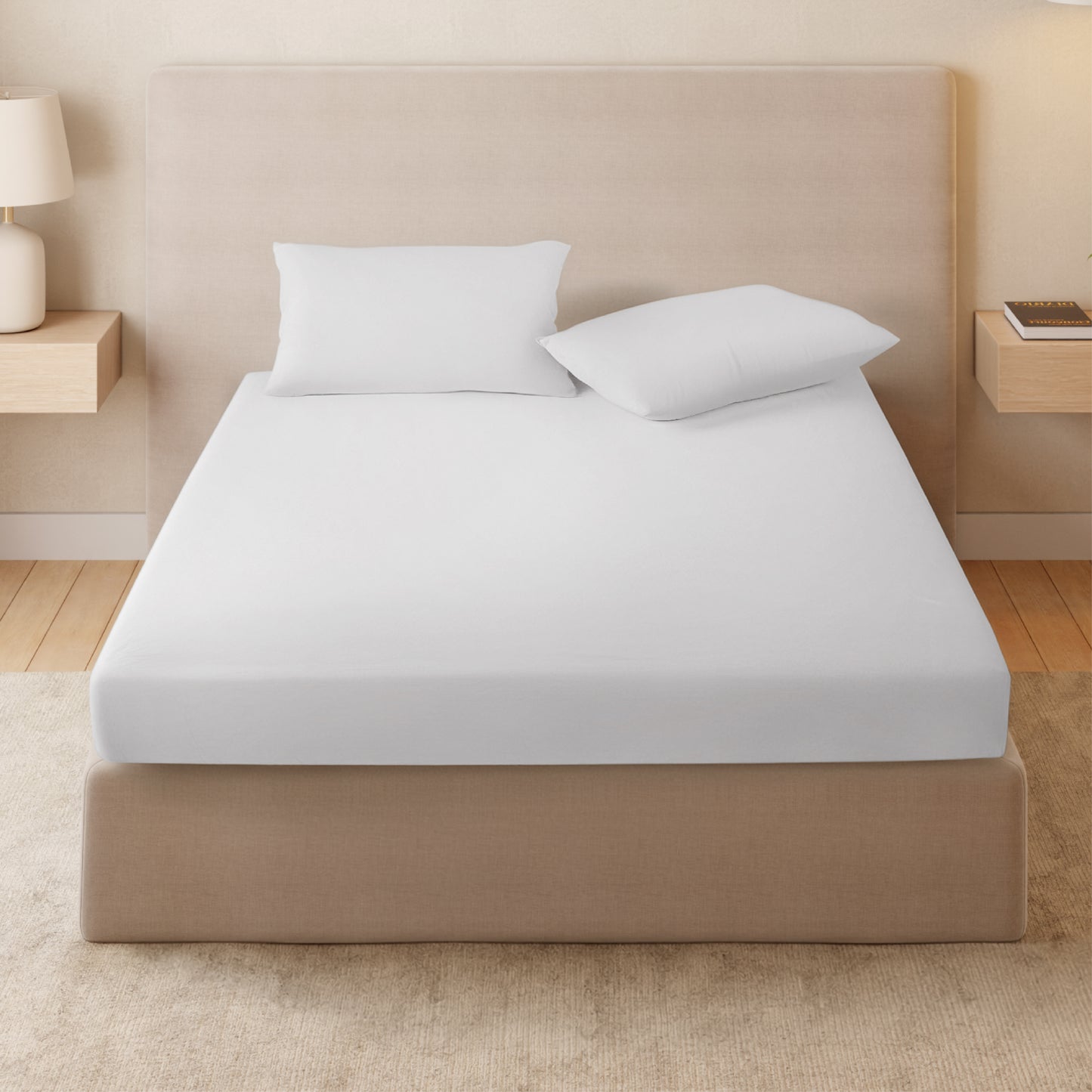 Viora Cotton Poly Fitted Queen Bedsheet, 220 TC, Solid, White