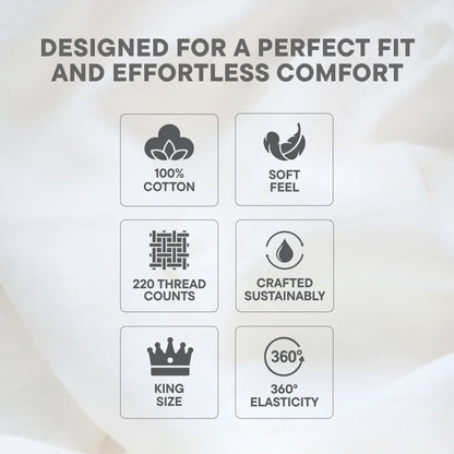 Arden 100% Cotton Fitted King Bedsheet, 220 TC, Solid, White