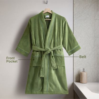 Exotica 100% Cotton Medium Bath Robe, 350 GSM, Solid, Dark Green