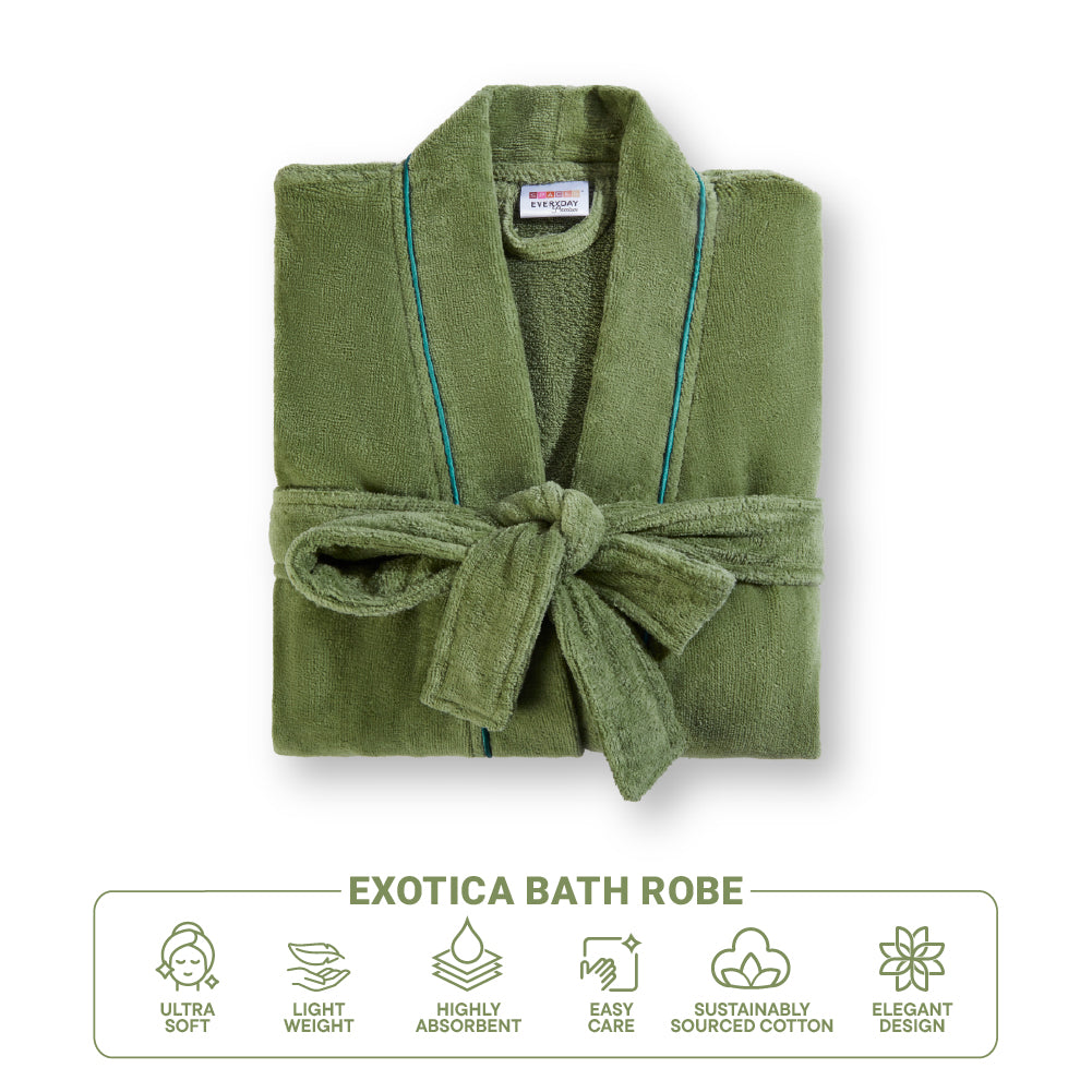 Exotica 100% Cotton Medium Bath Robe, 350 GSM, Solid, Dark Green
