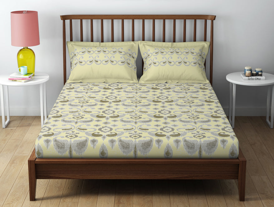 Essentials 100% Cotton  Double Bedsheet, 132 TC, Geometric, Cream