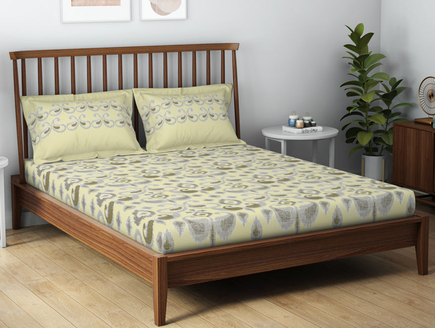 Essentials 100% Cotton  Double Bedsheet, 132 TC, Geometric, Cream