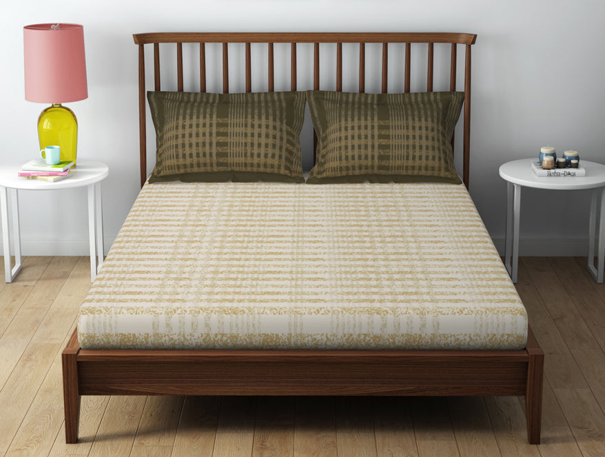 Essentials 100% Cotton  Double Bedsheet, 132 TC, Geometric, Beige