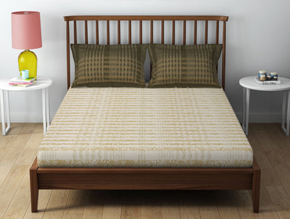 Essentials 100% Cotton  Double Bedsheet, 132 TC, Geometric, Beige