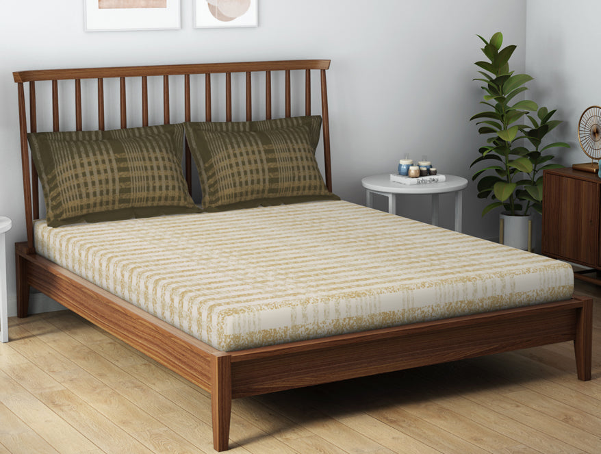 Essentials 100% Cotton  Double Bedsheet, 132 TC, Geometric, Beige