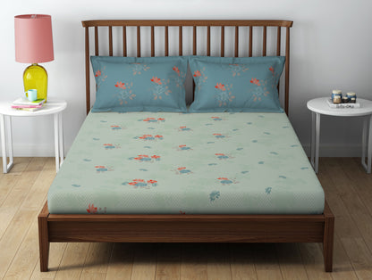 Essentials 100% Cotton  Double Bedsheet, 132 TC, Floral, Light Aqua