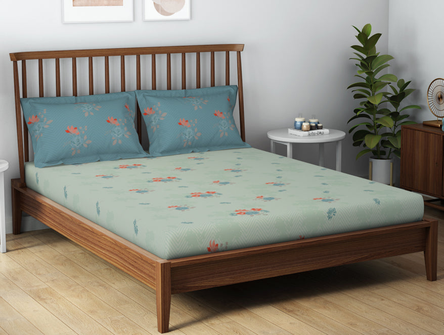 Essentials 100% Cotton  Double Bedsheet, 132 TC, Floral, Light Aqua