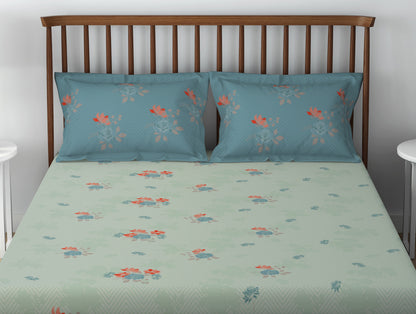 Essentials 100% Cotton  Double Bedsheet, 132 TC, Floral, Light Aqua