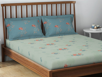 Essentials 100% Cotton  Double Bedsheet, 132 TC, Floral, Light Aqua