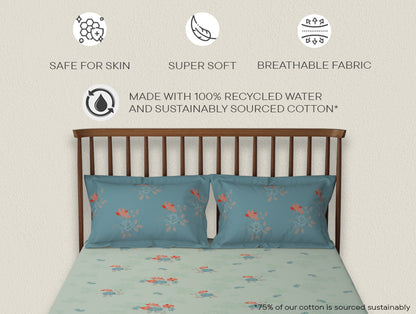 Essentials 100% Cotton  Double Bedsheet, 132 TC, Floral, Light Aqua
