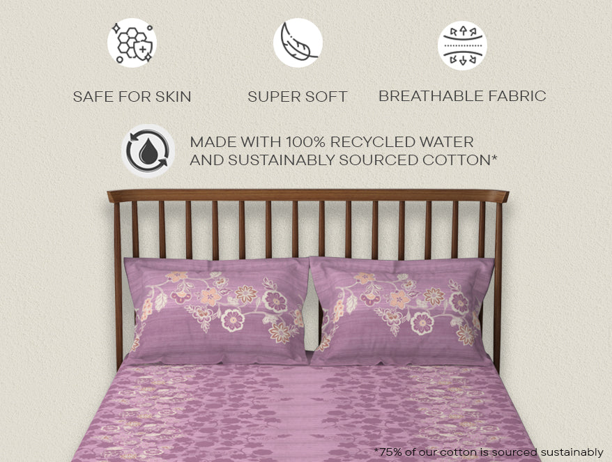 Essentials 100% Cotton  Double Bedsheet, 132 TC, Floral, Blush