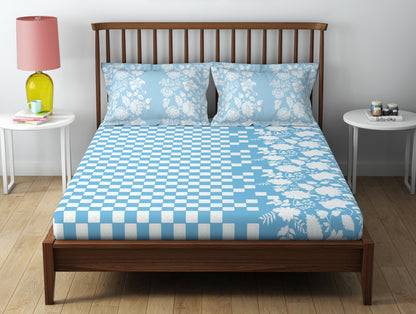 Essentials 100% Cotton  Double Bedsheet, 132 TC, Floral, Light Teal
