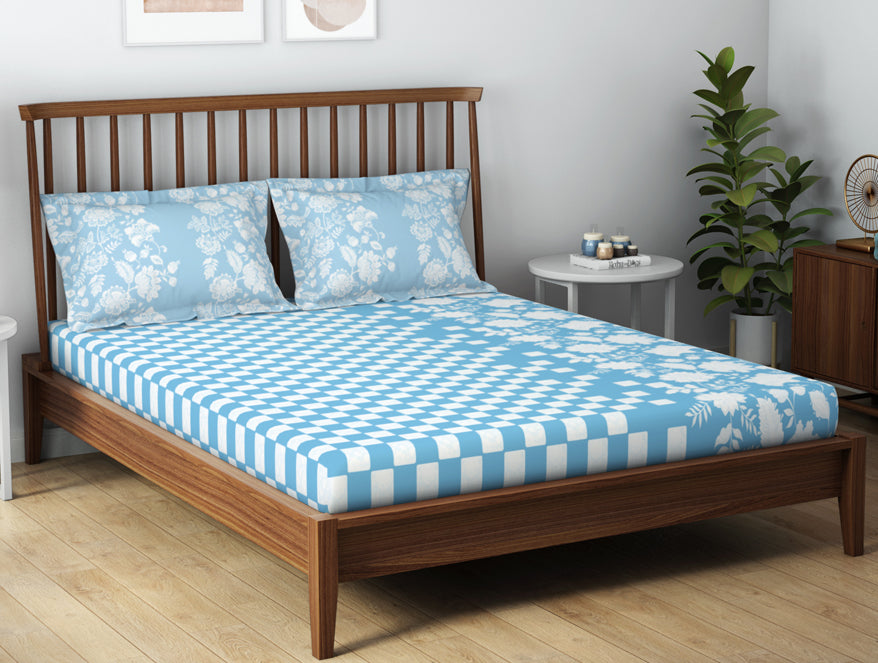 Essentials 100% Cotton  Double Bedsheet, 132 TC, Floral, Light Teal