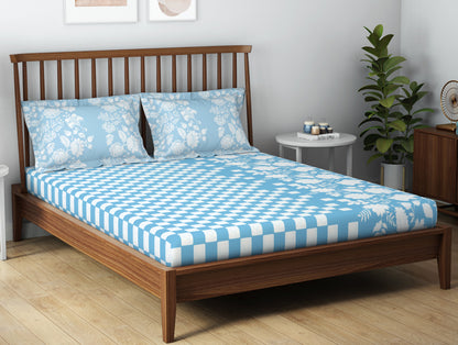 Essentials 100% Cotton  Double Bedsheet, 132 TC, Floral, Light Teal