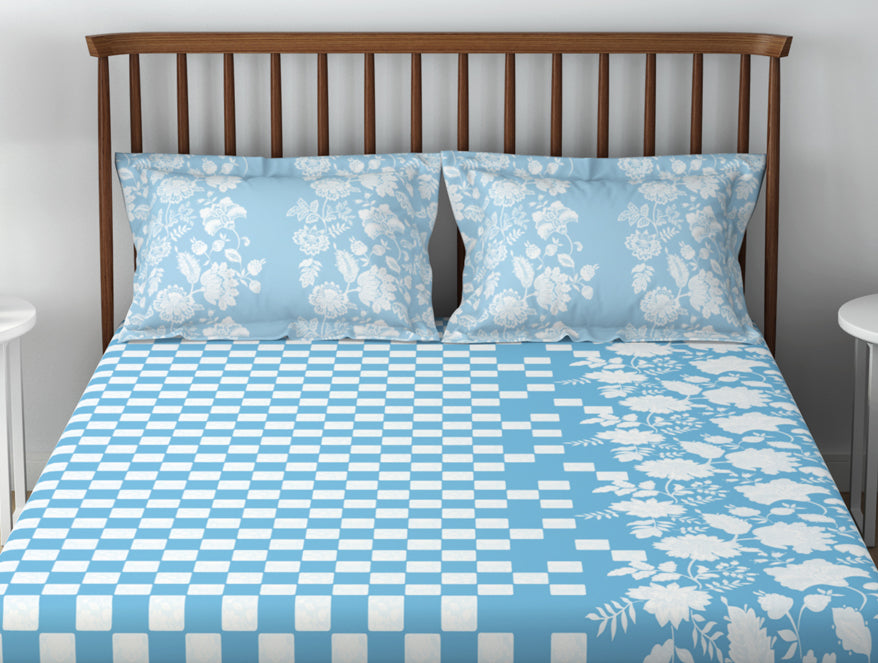 Essentials 100% Cotton  Double Bedsheet, 132 TC, Floral, Light Teal