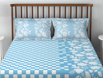 Essentials 100% Cotton  Double Bedsheet, 132 TC, Floral, Light Teal