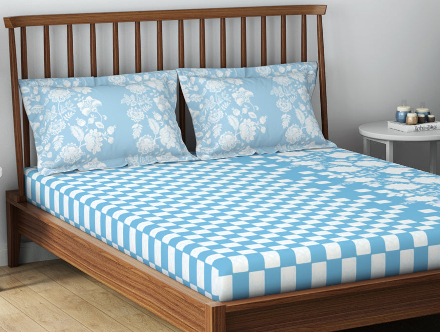Essentials 100% Cotton  Double Bedsheet, 132 TC, Floral, Light Teal