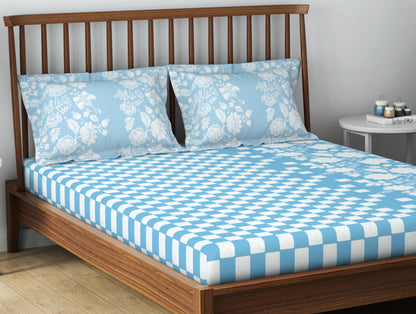 Essentials 100% Cotton  Double Bedsheet, 132 TC, Floral, Light Teal