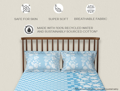 Essentials 100% Cotton  Double Bedsheet, 132 TC, Floral, Light Teal