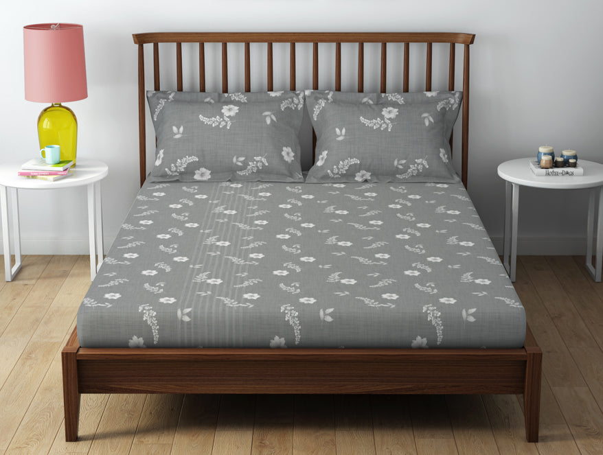 Essentials 100% Cotton  Double Bedsheet, 132 TC, Floral, Grey