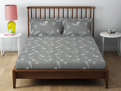 Essentials 100% Cotton  Double Bedsheet, 132 TC, Floral, Grey
